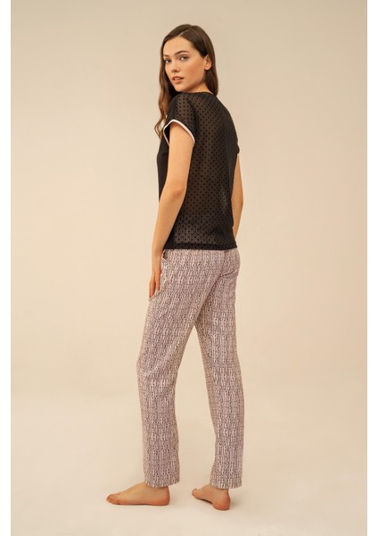 4091 Dokuma Kumaş Sırtı Detaylı Pijama Takımı - Siyah
