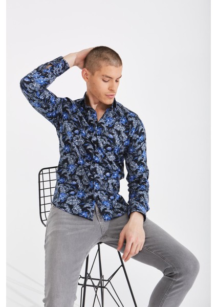 Yaprak Desenli Dijital Baskı Slim Fit Gömlek