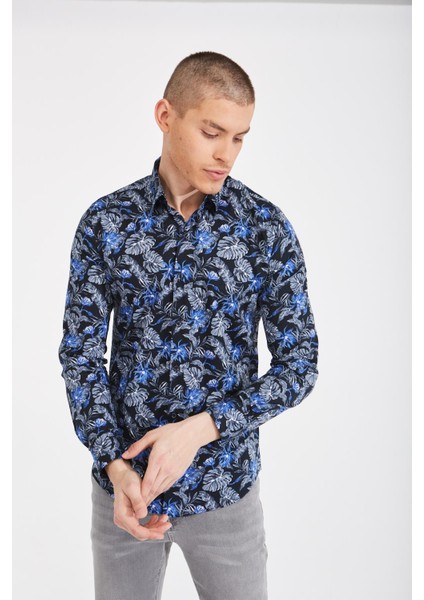 Yaprak Desenli Dijital Baskı Slim Fit Gömlek