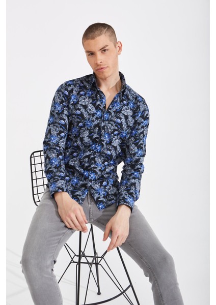 Yaprak Desenli Dijital Baskı Slim Fit Gömlek