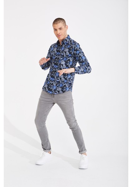 Yaprak Desenli Dijital Baskı Slim Fit Gömlek