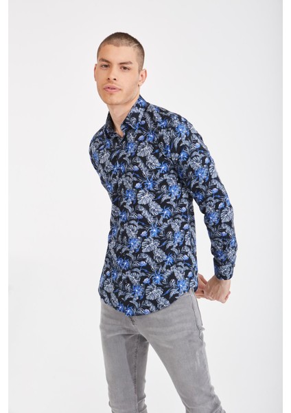 Yaprak Desenli Dijital Baskı Slim Fit Gömlek