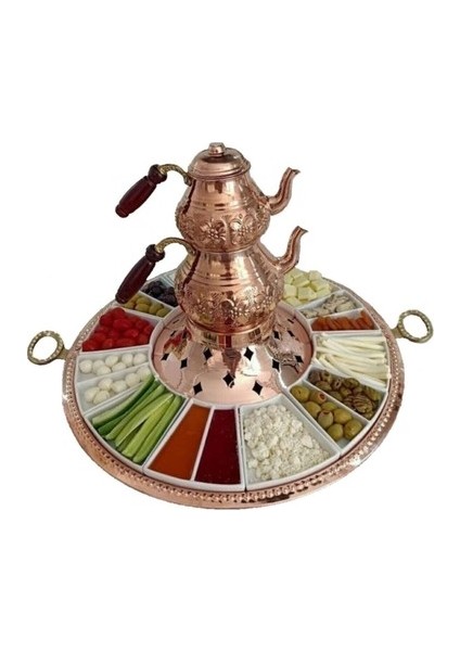 Bakır Kahvaltı Seti Çaydanlık Tepsi Porselen Tam Set