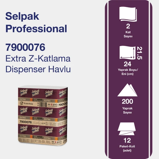 Selpak Professional Extra Z Katlı Dispenser Havlu 200x12adet 21,5x24cm 36gr/m2 (7900076)