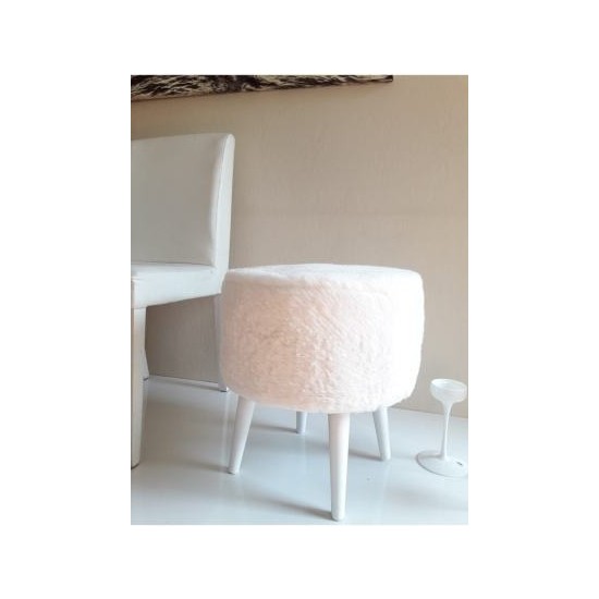 Movia Home Gürgen Ahşap Ayaklı Dekoratif Beyaz Yuvarlak Pelüş Puf Bench Koltuk Sandalye Beyaz Pelus