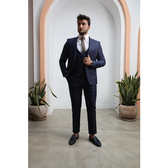 El Suit Lacivert Desenli Yelekli Takım Elbise