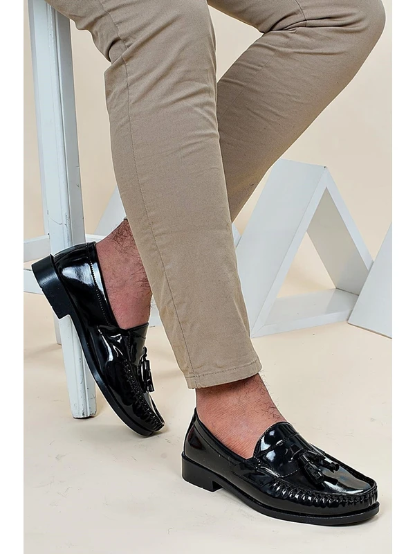 The Hope Shoes Corcik Siyah Rugan Püsküllü Klasik Erkek Kundura Ayakkabı