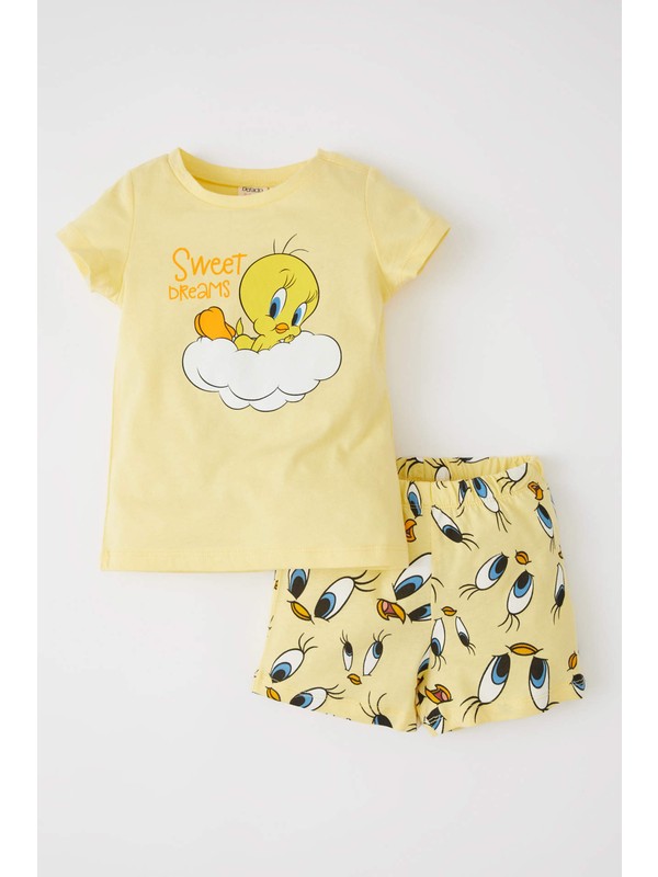 DeFacto Kız Bebek Looney Tunes Lisanslı Regular Fit Yeni Doğan Pamuklu Kısa Kollu Şort Pijama Takım X8933A222SM