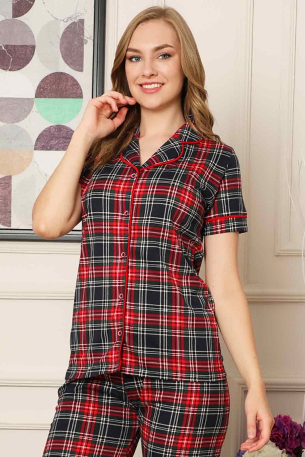 Farya Home Dreamy Ekoseli Pamuklu Biyeli Kısa Kollu Gömlek Pijama Takımı