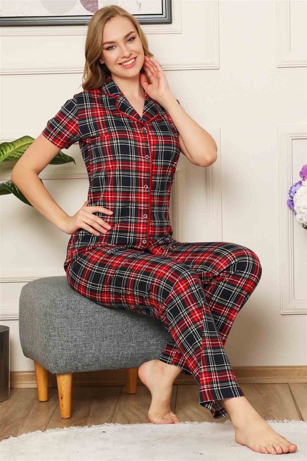 Farya Home Dreamy Ekoseli Pamuklu Biyeli Kısa Kollu Gömlek Pijama Takımı görsel 2