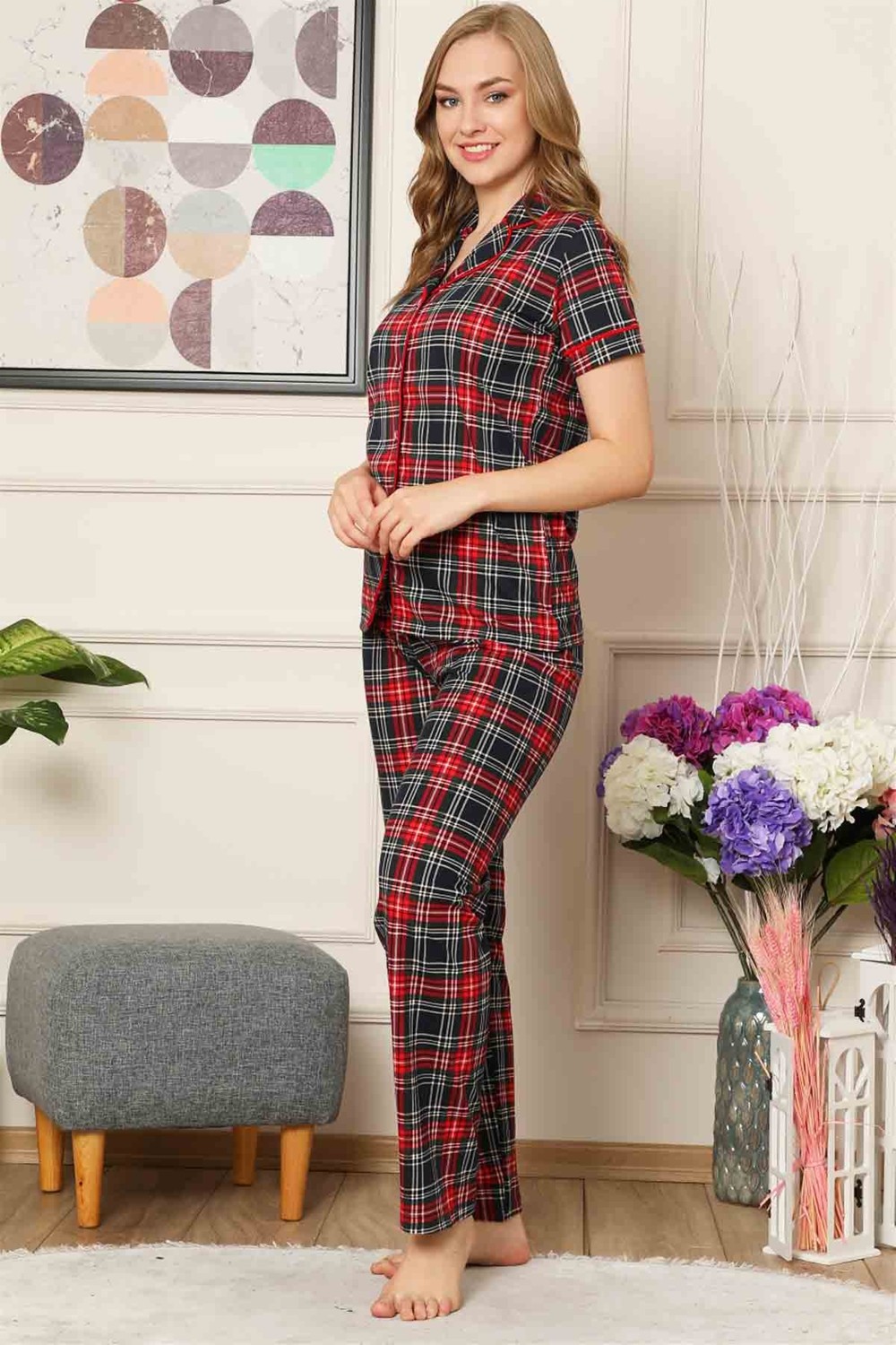 Farya Home Dreamy Ekoseli Pamuklu Biyeli Kısa Kollu Gömlek Pijama Takımı görsel 3