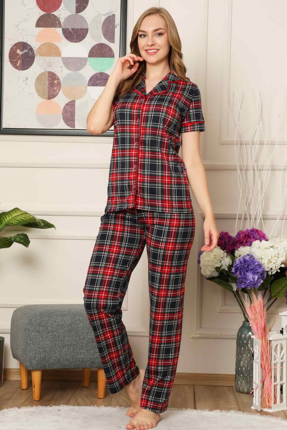 Farya Home Dreamy Ekoseli Pamuklu Biyeli Kısa Kollu Gömlek Pijama Takımı görsel 4