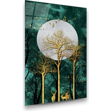 Glass Art Altın Geyikler Yeşil Temalı Dikey Cam Tablo