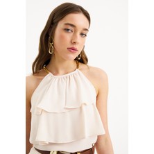 Sateen Zincir Detaylı Volanlı Bluz - Bej