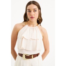 Sateen Zincir Detaylı Volanlı Bluz - Bej