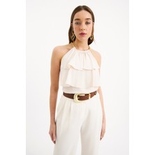 Sateen Zincir Detaylı Volanlı Bluz - Bej