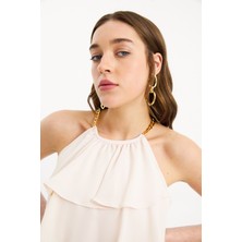 Sateen Zincir Detaylı Volanlı Bluz - Bej