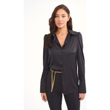 Sateen Vatkalı Saten Gömlek - Siyah