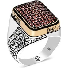 Gumush Gümüş Kırmızı Zirkon Taşlı Kare Erkek Yüzük