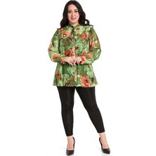 Disentis Modest Büyük Beden Çiçek Desenli Kendinden Fularlı Manşetli Fıstık Yeşili Şifon Gömlek