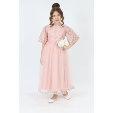 Kız Çocuk Tül Kumaş Kupür İşlemeli Astarlı Gece Mezuniyet Düğün Abiye Elbise Gelinlik-ABY-0020