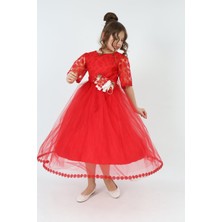 Kız Çocuk Tül Kumaş Kupür İşlemeli Astarlı Gece Mezuniyet Düğün Abiye Elbise Gelinlik-ABY-0020