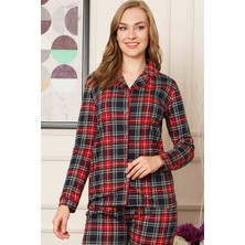 Farya Home Dreamy Ekoseli Pamuklu Biyeli Uzun Kollu Gömlek Pijama Takımı Koyu