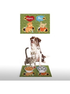 Vagonik Water Food Kedi Köpek Desenli Dijital Baskılı 35X50 Dekoratif Çok Amaçlı Mama Altlığı Mama Paspası