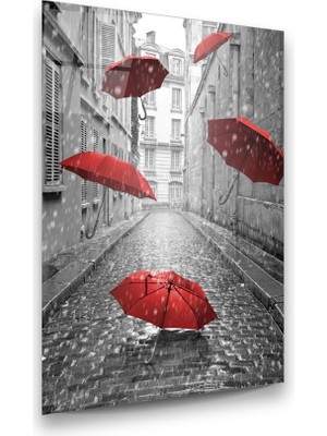 Glass Art Kırmızı Şemsiyeler Dikey Cam Tablo