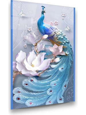 Glass Art Tavus Kuşu ve Çiçek Dikey Cam Tablo