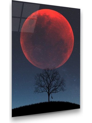 Glass Art Kırmızı Ay ve Ağaç Dikey Cam Tablo