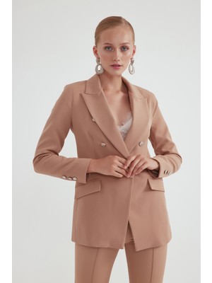 Sateen Düğmeli Blazer Ceket - Bej