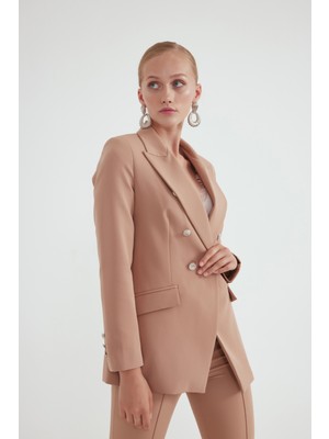 Sateen Düğmeli Blazer Ceket - Bej