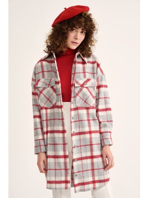 Sateen Ekose Desenli Uzun Gömlek - Bordo