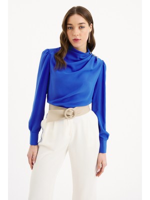 Sateen Zirkon Süs Düğmeli Salaş Bluz - Indigo