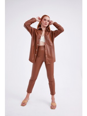 Sateen Yüksek Bel Nervür Deri  Pantolon - Kahve
