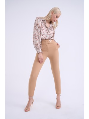 Sateen Düğmeli Krep Pantolon - Camel