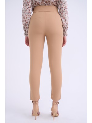 Sateen Düğmeli Krep Pantolon - Camel