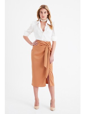 Sateen Yırtmaçlı Saten Etek - Camel