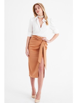 Sateen Yırtmaçlı Saten Etek - Camel