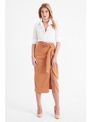 Sateen Yırtmaçlı Saten Etek - Camel