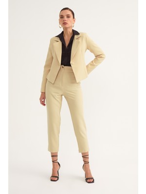 Sateen Yüksek Bel Krep Pantolon - Bej