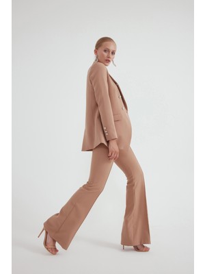 Sateen Ispanyol Paça Krep Pantolon - Bej
