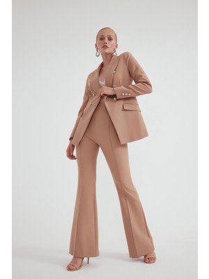Sateen Ispanyol Paça Krep Pantolon - Bej