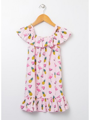 Limon SN-70 Straplez Geniş Fit DesenliAçık Pembe Kız Çocuk Elbise