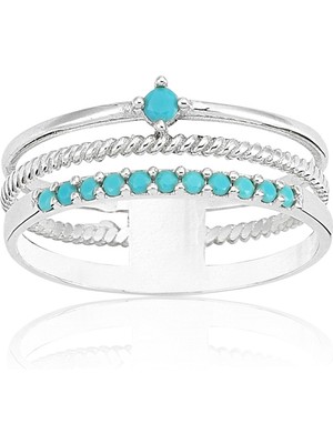 Fasek Gold Gümüş Yüzük - Akordeon Desenli Burma Telli Sıralı Firuze Taşlı Eklem Yüzüğü - Hediyelik Alyans Yüzük