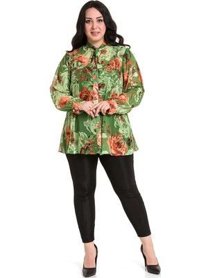 Disentis Modest Büyük Beden Çiçek Desenli Kendinden Fularlı Manşetli Fıstık Yeşili Şifon Gömlek