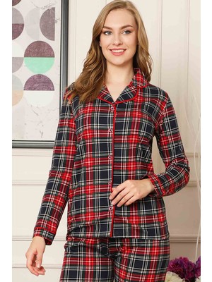 Farya Home Dreamy Ekoseli Pamuklu Biyeli Uzun Kollu Gömlek Pijama Takımı Koyu