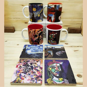 Van Gogh, Dali, Picasso, Kandinsky İçi Renkli Kupa ve Traverten Bardak Altlığı 4'lü Hediyelik Set