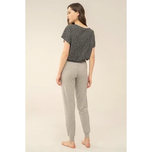 4108 Eşli Kadın Kumaş Yazı Desenli Kısa Kol Pijama Takım